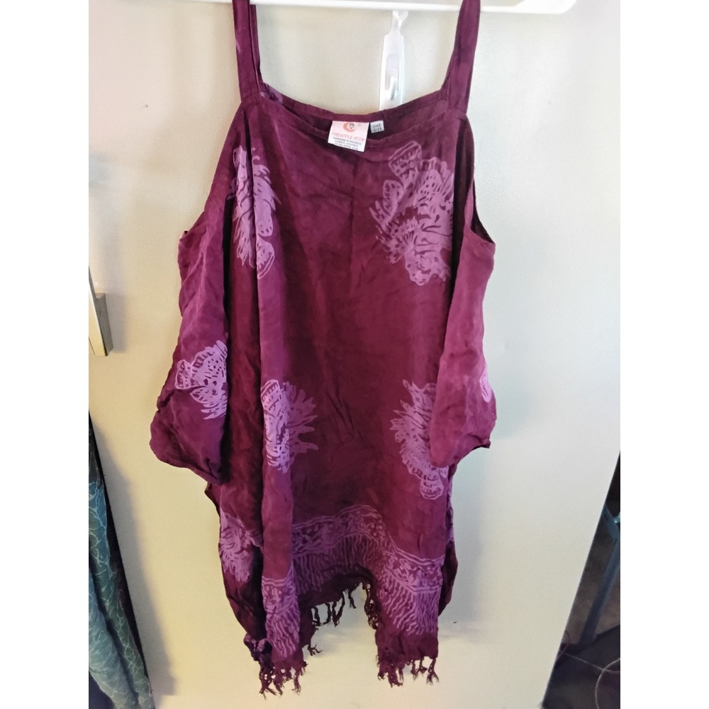 Pineapple Moon Cold‎ Shoulder Batik Fringe Tunic Top Plum Purple One Size OS